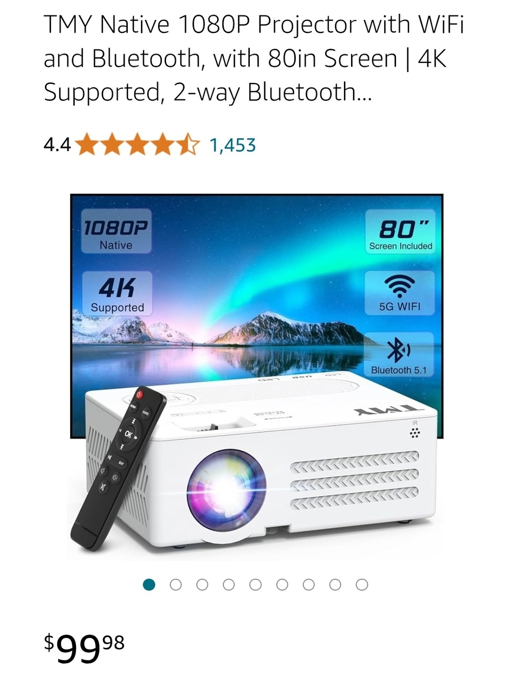 TMY Native 1080P Projector with WiFi and Bluetooth, with 80in Screen